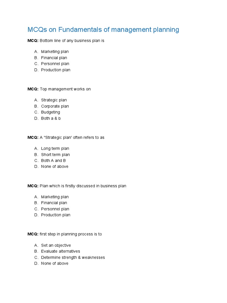 MCQs On Fundamentals of Management Planning PDF Multiple Choice