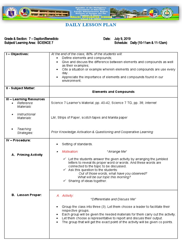 Grade 7 Science Lesson: Elements & Compounds | PDF | Learning | Lesson Plan