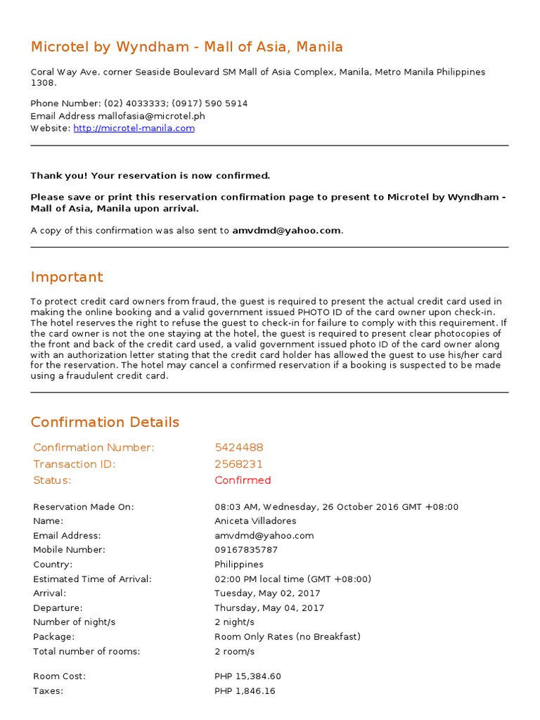 Microtel MOA Reservation Confirmation | PDF | Credit Card | Fee