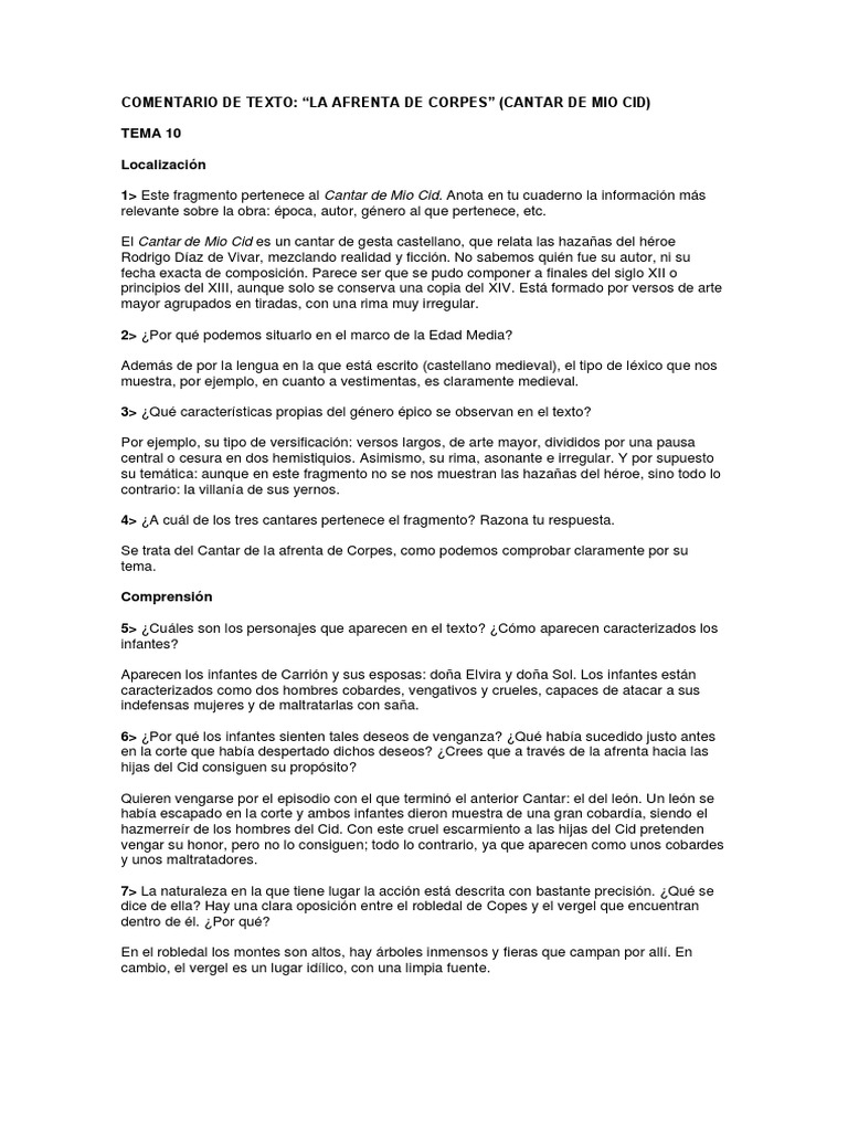Afrenta de Corpes en el Cantar de Mio Cid | PDF
