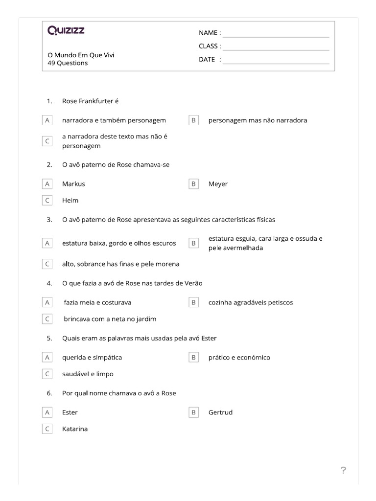O mundo em que vivi questoes pdf