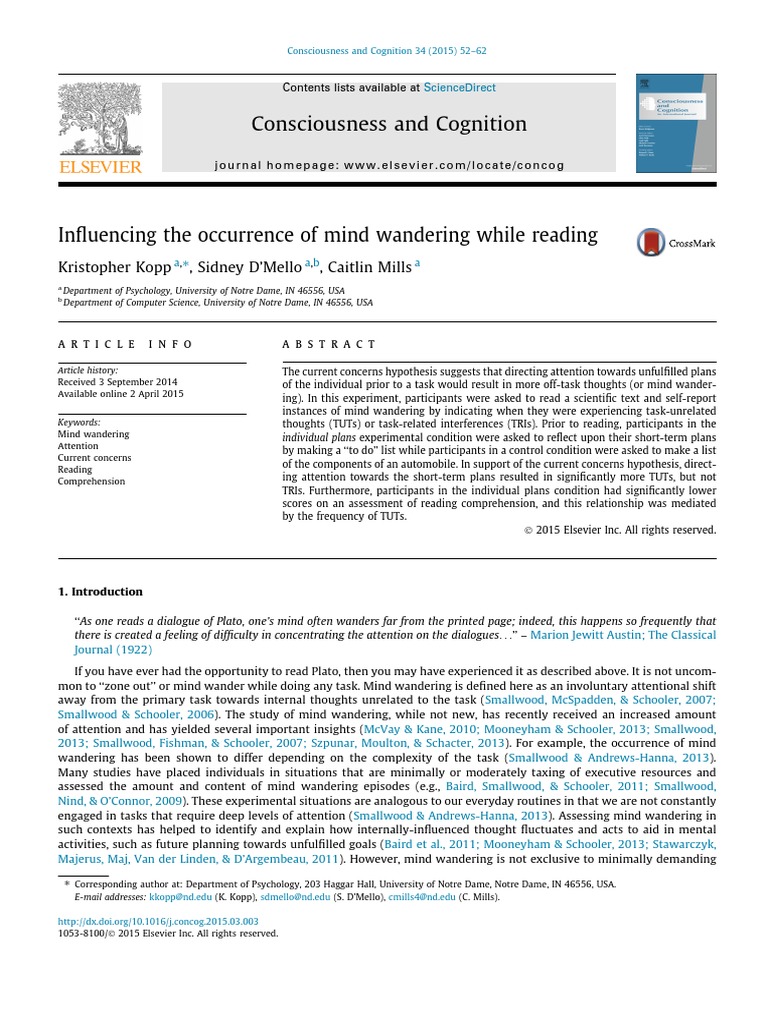 Influencing The Occurrence of Mind Wandering While Reading | PDF | Mind ...