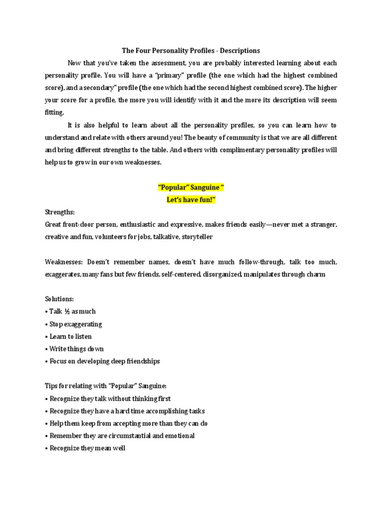 The Four Personality Profiles PDF Behavioural Sciences Psychology