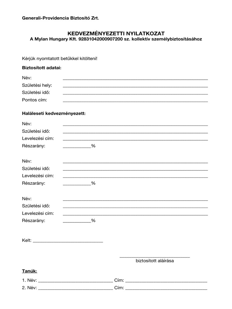 Biztositas Kedvezmenyezetti Nyilatkozat 2014 Insurance Beneficiary 