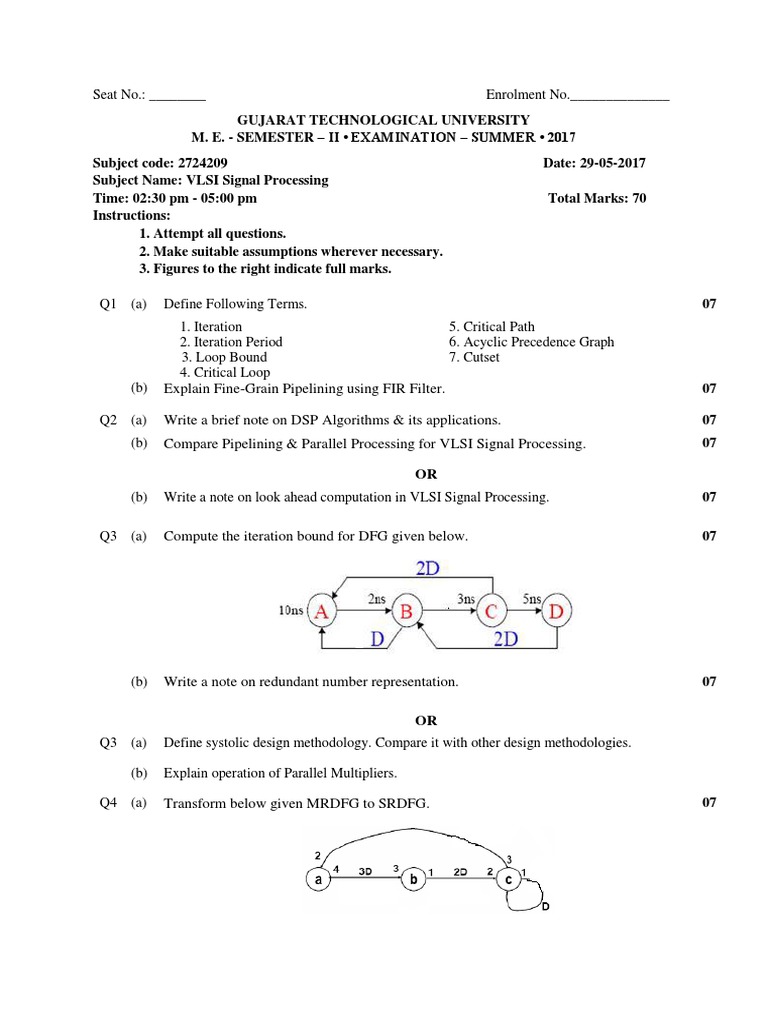 GTU M.E. Semester II VLSI Signal Processing Exam Questions PDF