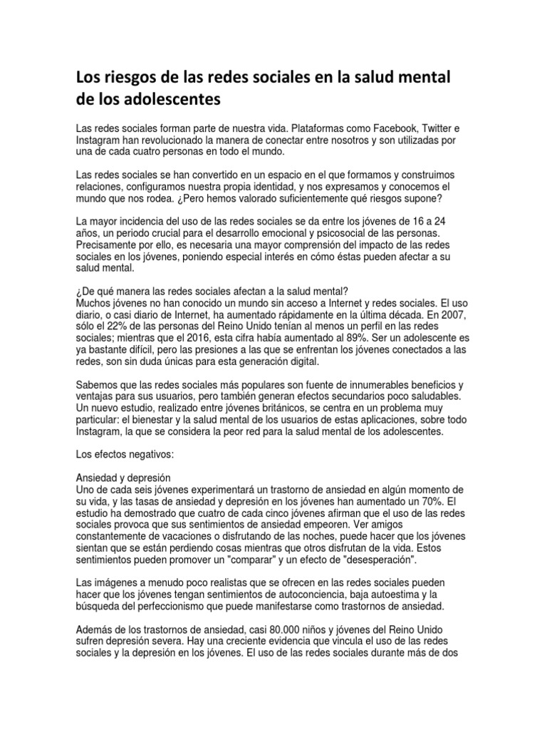 Los Riesgos de Las Redes Sociales en La Salud Mental de Los ...