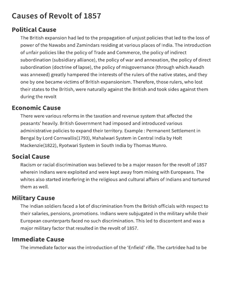 Causes of Revolt of 1857 PDF
