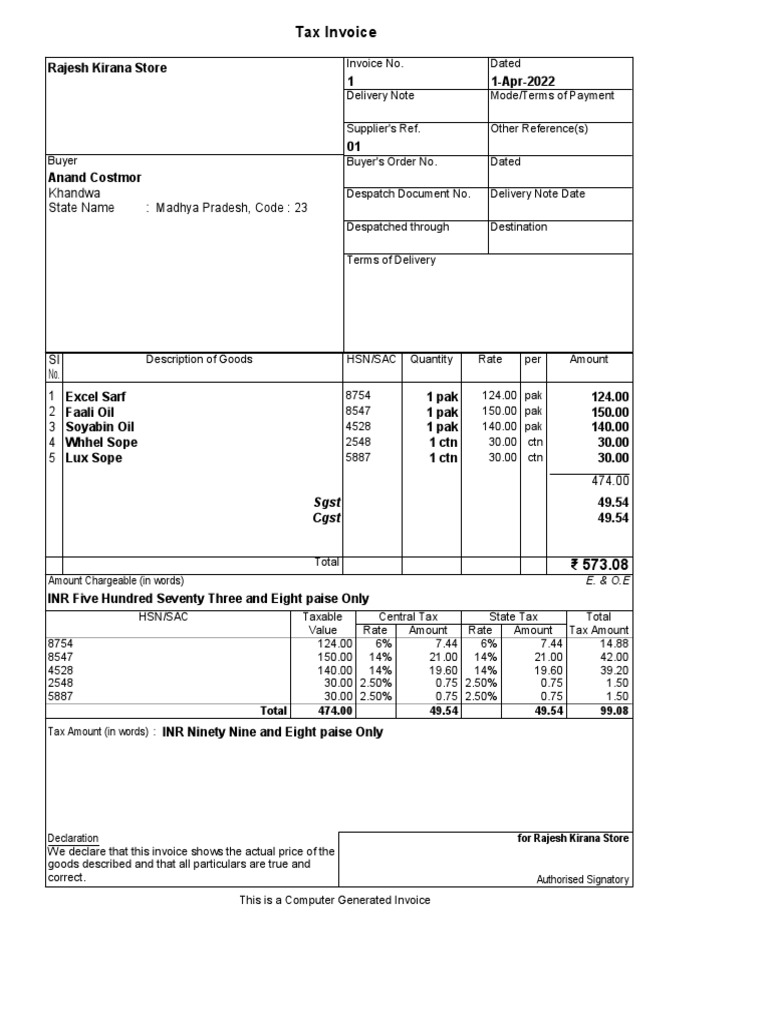 Kirana Store Tax Invoice Format | PDF | Invoice | Taxes