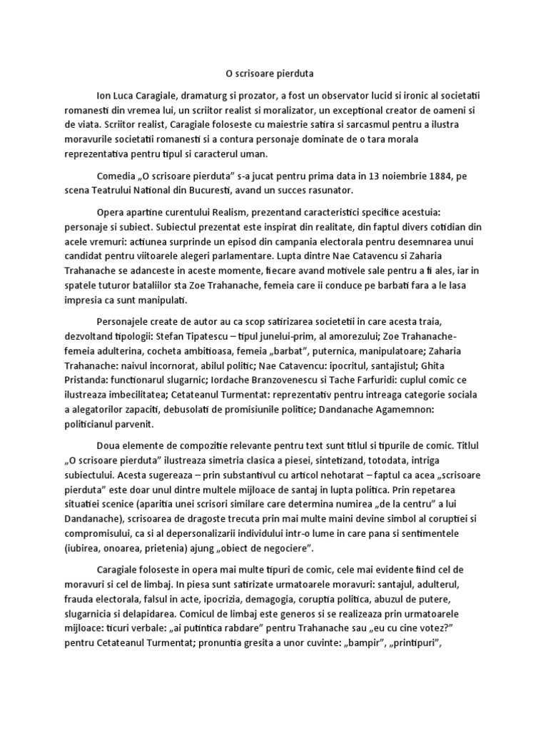 O Scrisoare Pierduta Modul Din Care Se Reflecta O Tema O Scrisoare Pierduta Eseu | PDF