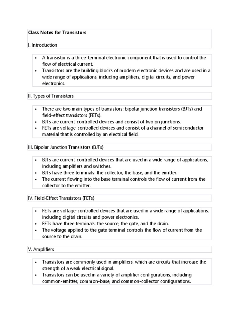 Class Notes For Transistors PDF Field Effect Transistor Bipolar