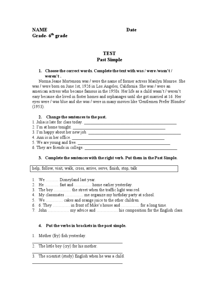 6th Grade Past Simple Grammar Test | PDF | Marilyn Monroe | Syntax