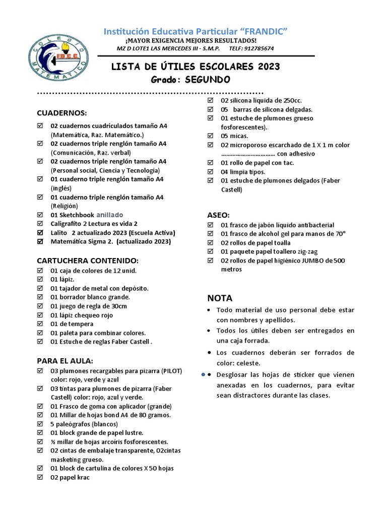 Lista de Útiles Escolares 2023 - 2° Grado | PDF | Materiales de ...
