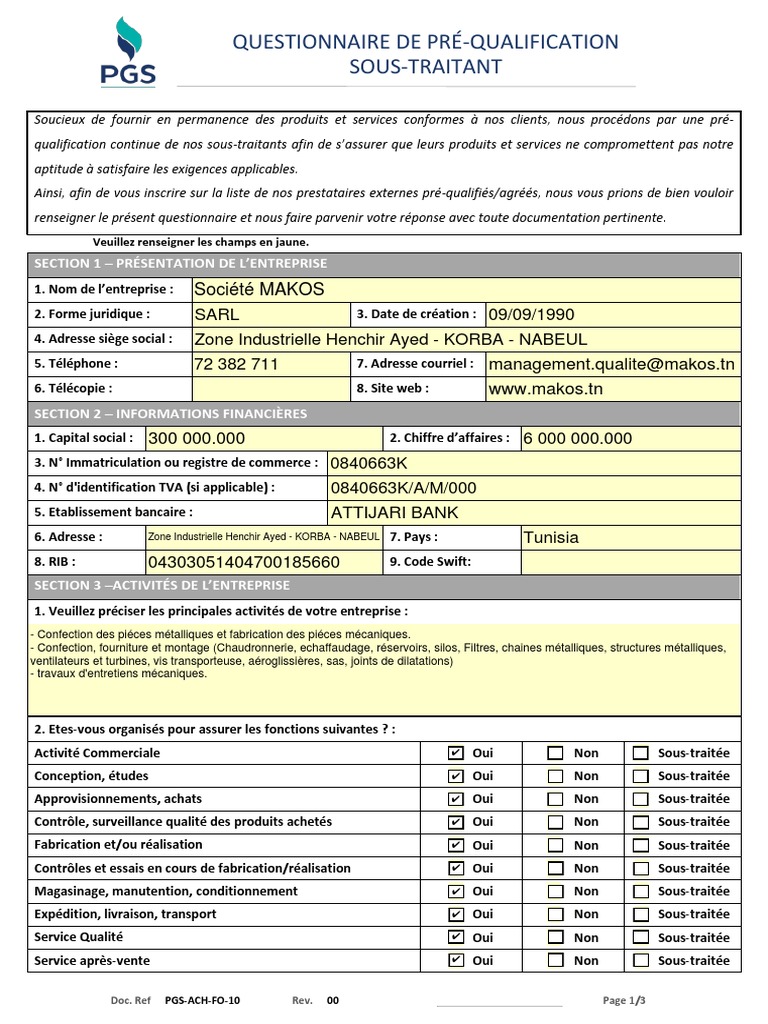 Questionnaire de Pré-Qualification Sous-Traitant | PDF | Système de ...