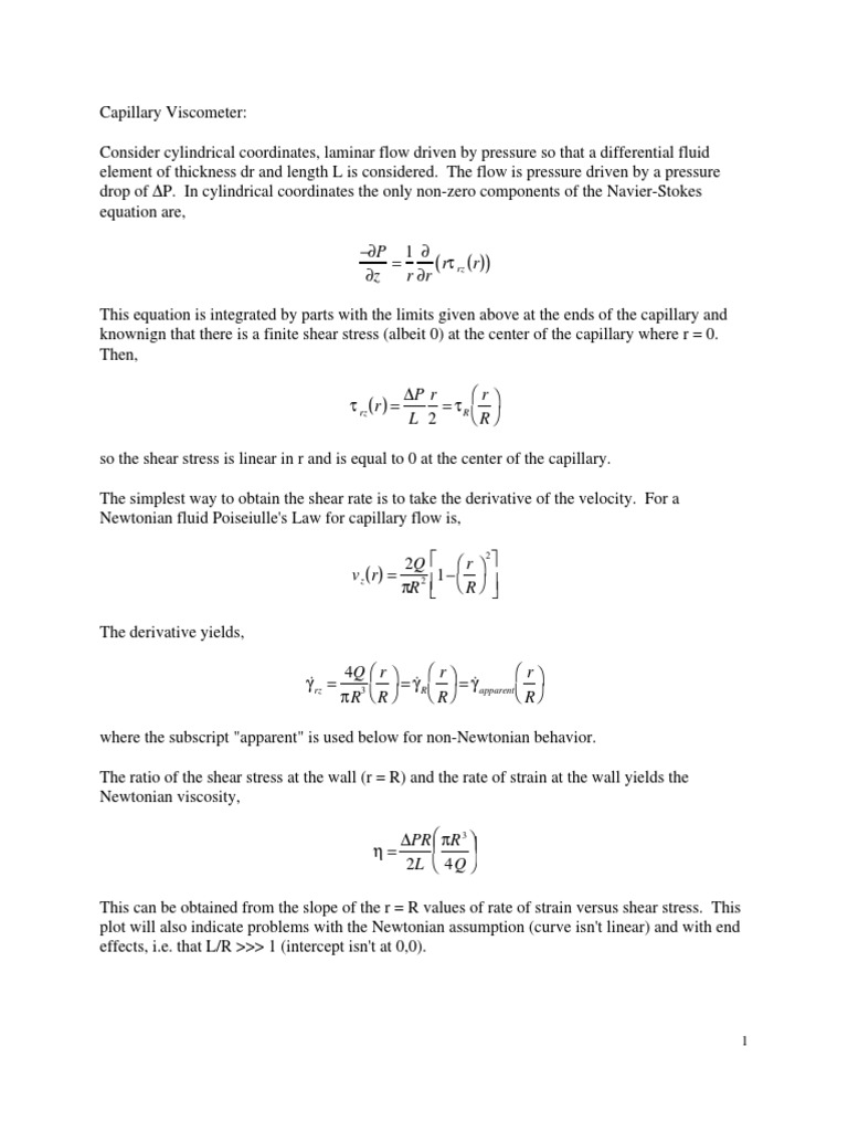 Capillary Viscometer | PDF | Shear Stress | Viscosity