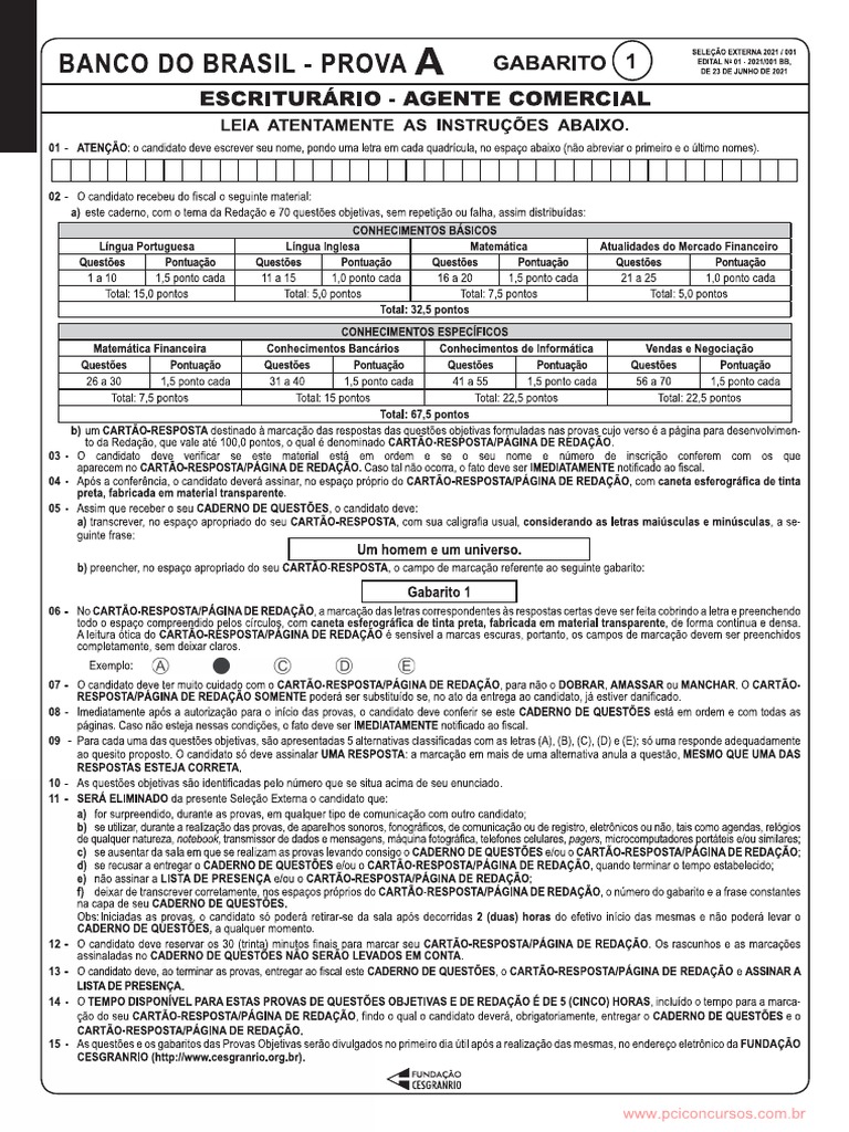 Prova Banco Do Brasil 2021 | PDF