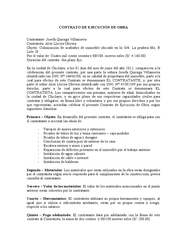Contrato de Ejecución de Obra | PDF | Finanzas y dinero | Ciencias sociales