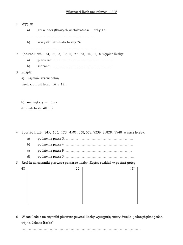 Sprawdzian Matematyka Klasa 5 Własności Liczb Naturalnych Własności Liczb Naturalnych | PDF