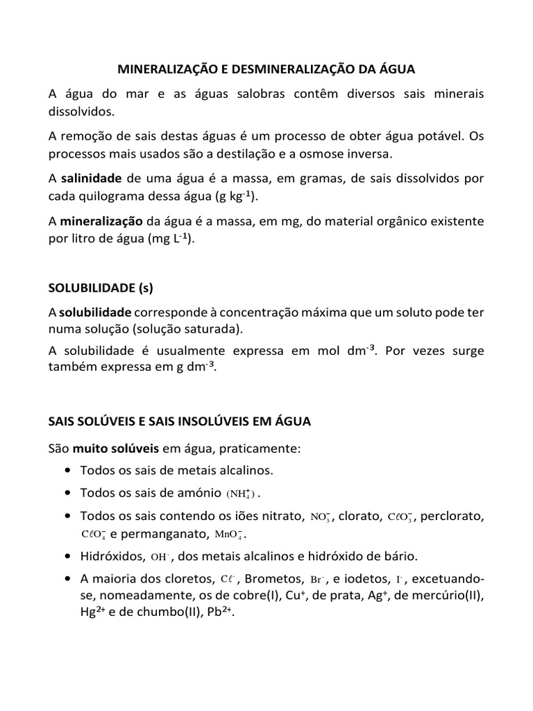 Processos de mineralização e desmineralização da água e fatores que ...
