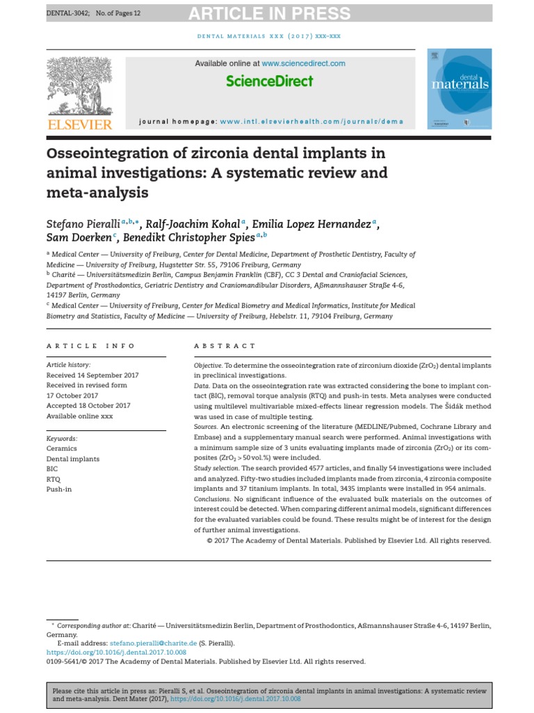 Osseointegration of Zirconia Dental Implants in Animal Investigations ...