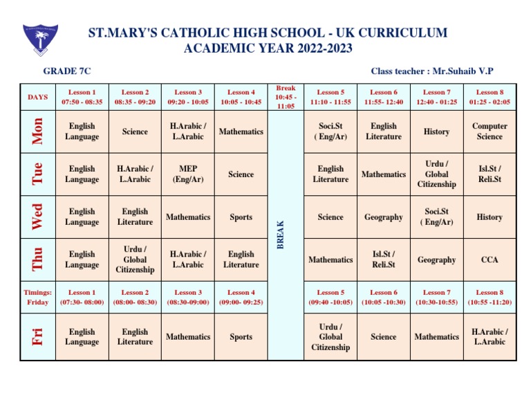 Gr.7C Class Timetable | PDF | Science