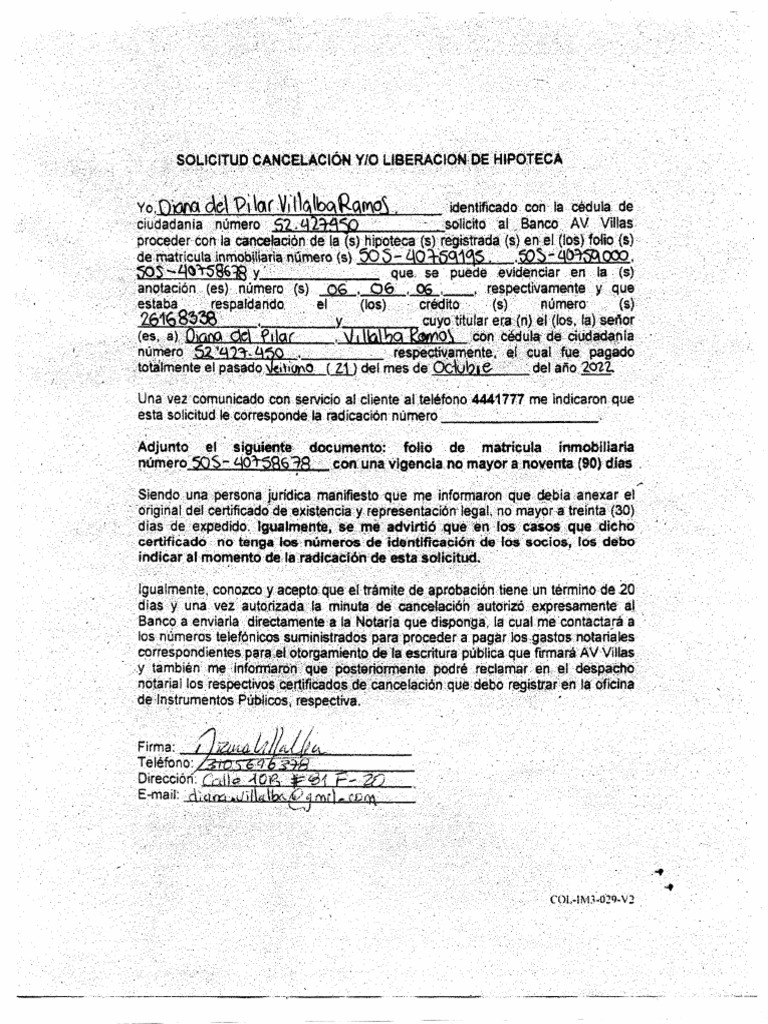 Formulario Cancelacion de Hipoteca Av Villas Diligenciado20221024 ...