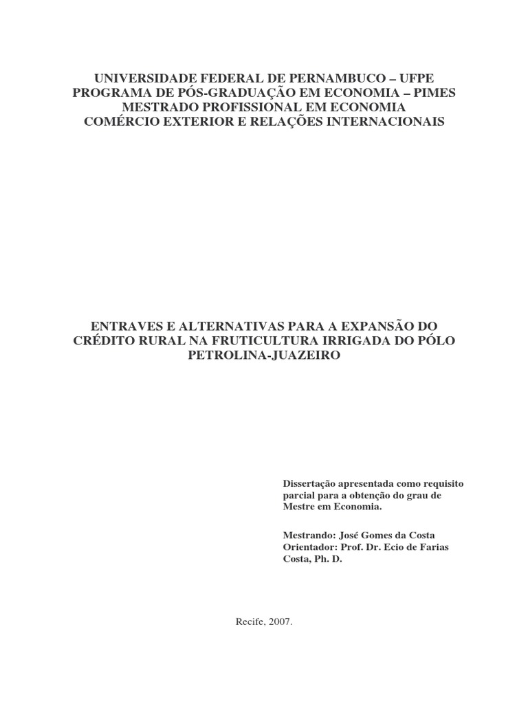 Entraves e Alternativas para A Expansão Do Crédito Rural Na