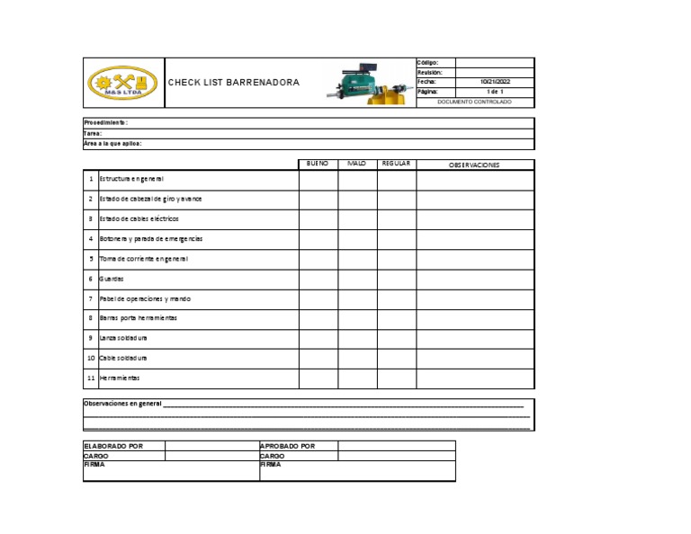 Checklist de Mantenimiento Barrenadora | PDF