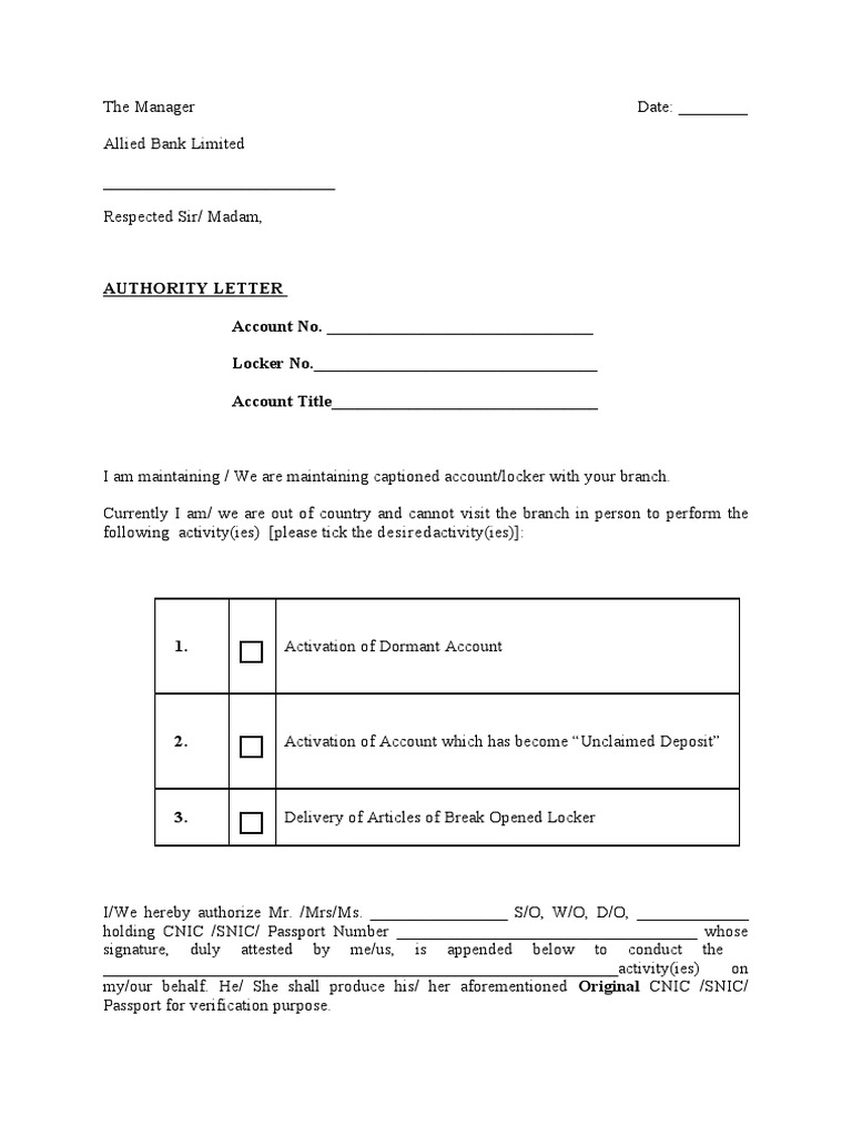 Dormant Account Activation Authority Letter | PDF | Finance & Money ...