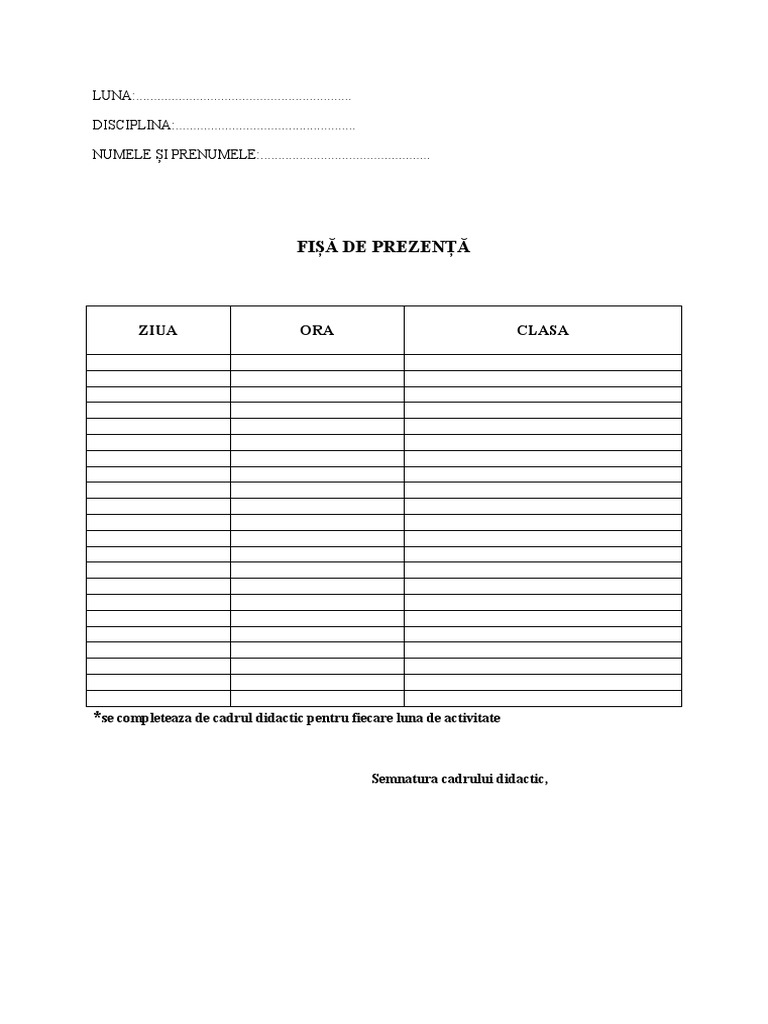 Fisa de Prezenta PDF
