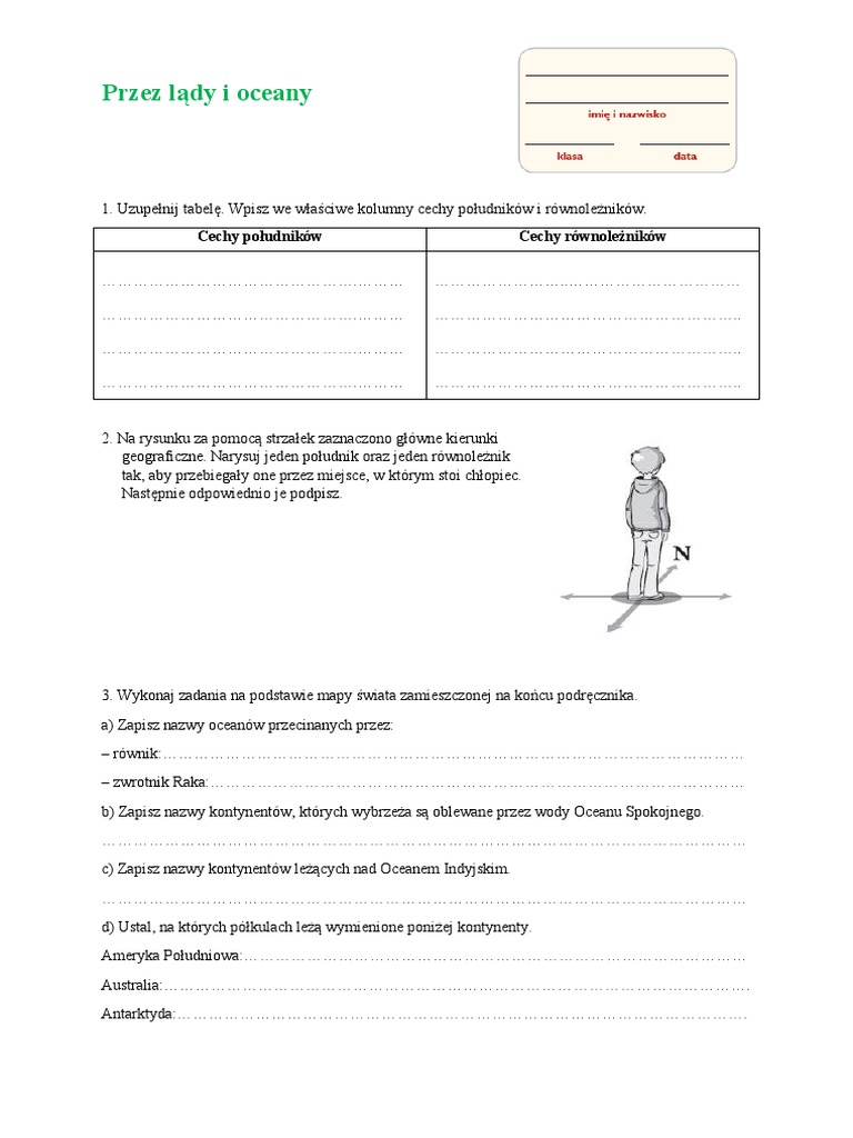 Przez Lądy I Oceany Klasa 5 Sprawdzian Karta Pracy Przez Lady I Oceany - 5a | PDF