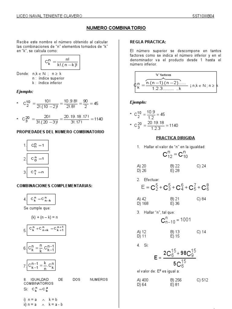 Propiedades y Ejercicios de Números Combinatorios | PDF | Métodos y ...