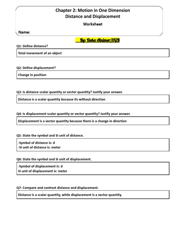 Distance And Displacement Worksheet With Answers Describing Motion