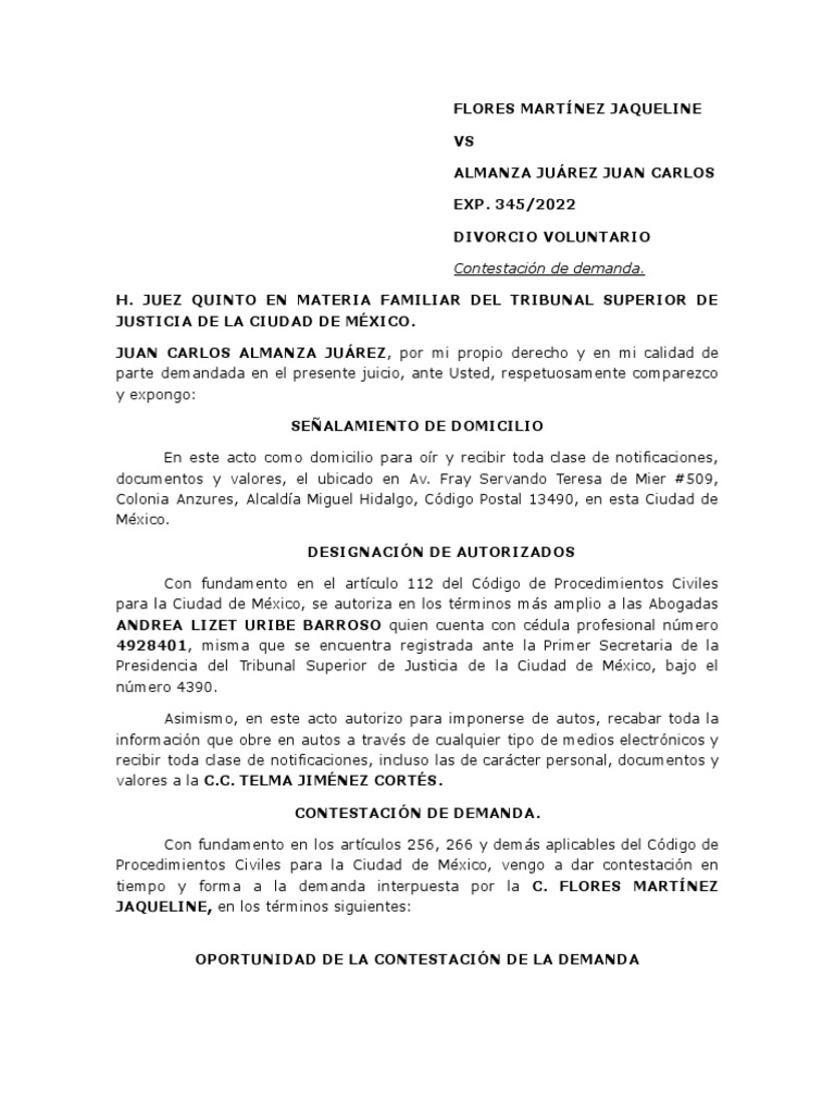 Ejemplo Contestación de Demanda | PDF | Demanda judicial | Ley procesal