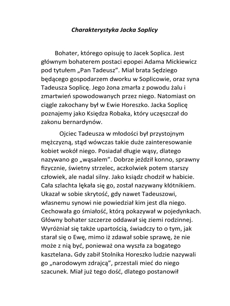 Miłość Jacka Soplicy Do Ewy Charakterystyka Jacka Soplicy | PDF