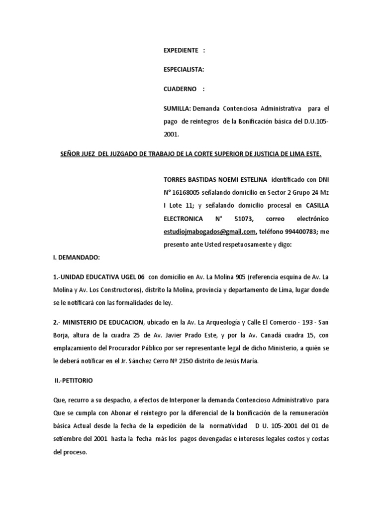 Demanda Del Du 105 | PDF | Demanda judicial | Caso de ley