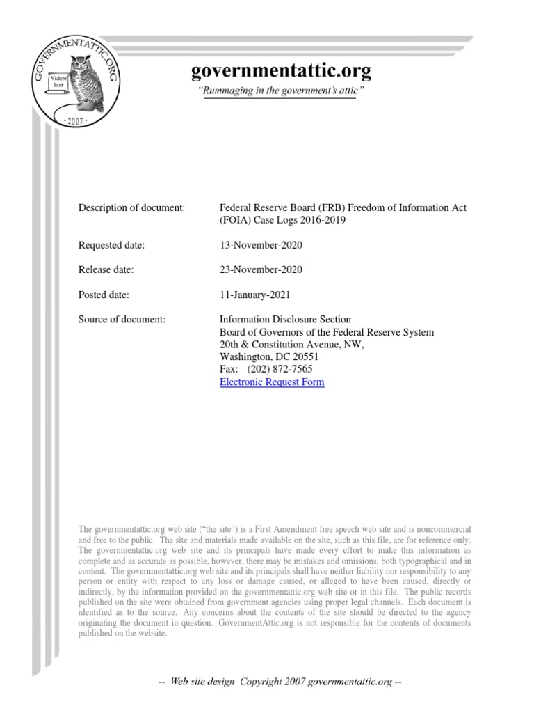 FRBfoiaCaseLogs 2016-2019 | PDF | Freedom Of Information Act (United ...