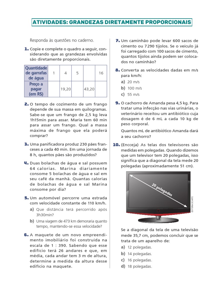 Lista de Exercícios - Grandezas Diretamente Proporcionais | PDF