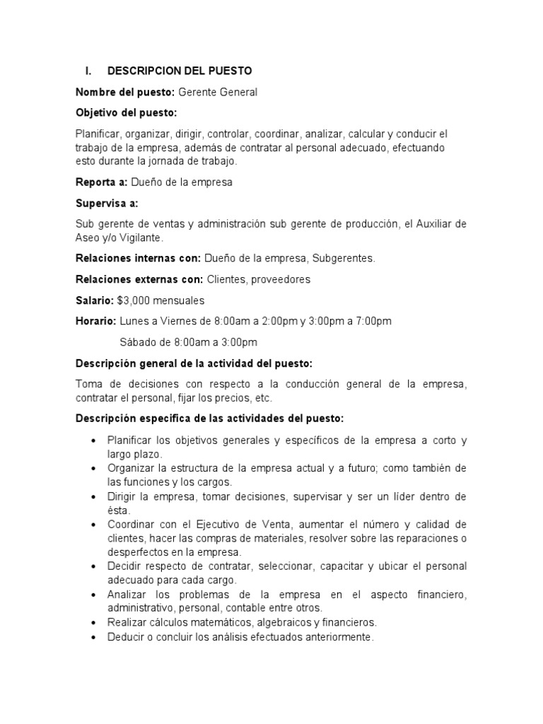 DESCRIPCION DEL PUESTO - Gerente General | PDF | Marketing | Toma de ...