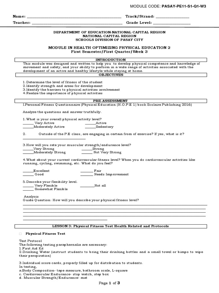 5 PASAY PE11 S1 Q1 W3 Edited | PDF | Body Mass Index | Physical Fitness