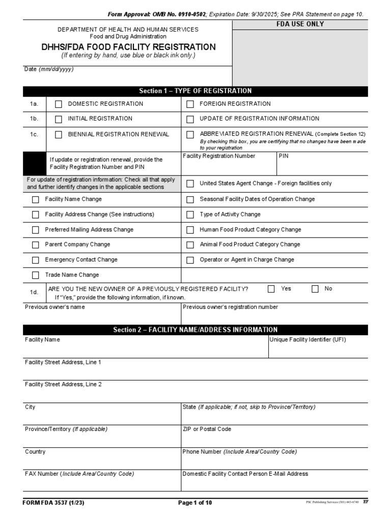 FDA Food Facility Registration Form | PDF | Foods | Food And Drug ...