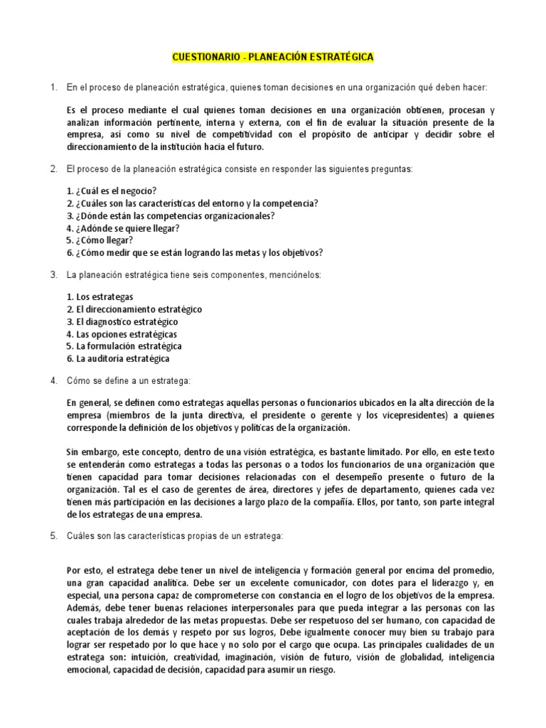 Cuestionario Unidad V Planeación Estratégica | PDF