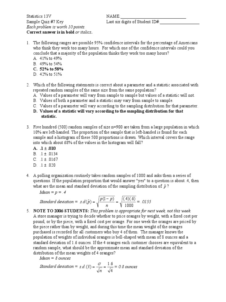 Ans Quiz 7 PDF Standard Error Confidence Interval