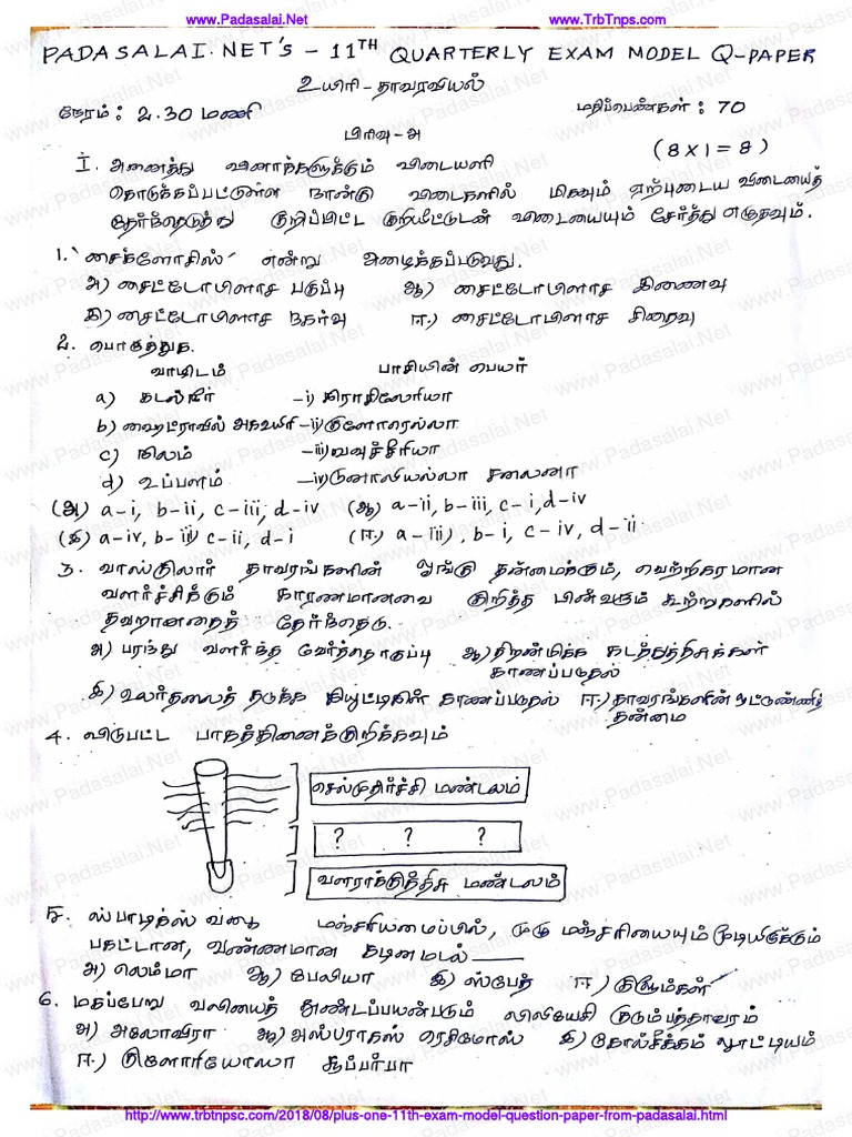 11thbiologypadasalaisquarterlyexammodelquestionpapertamilmedium PDF