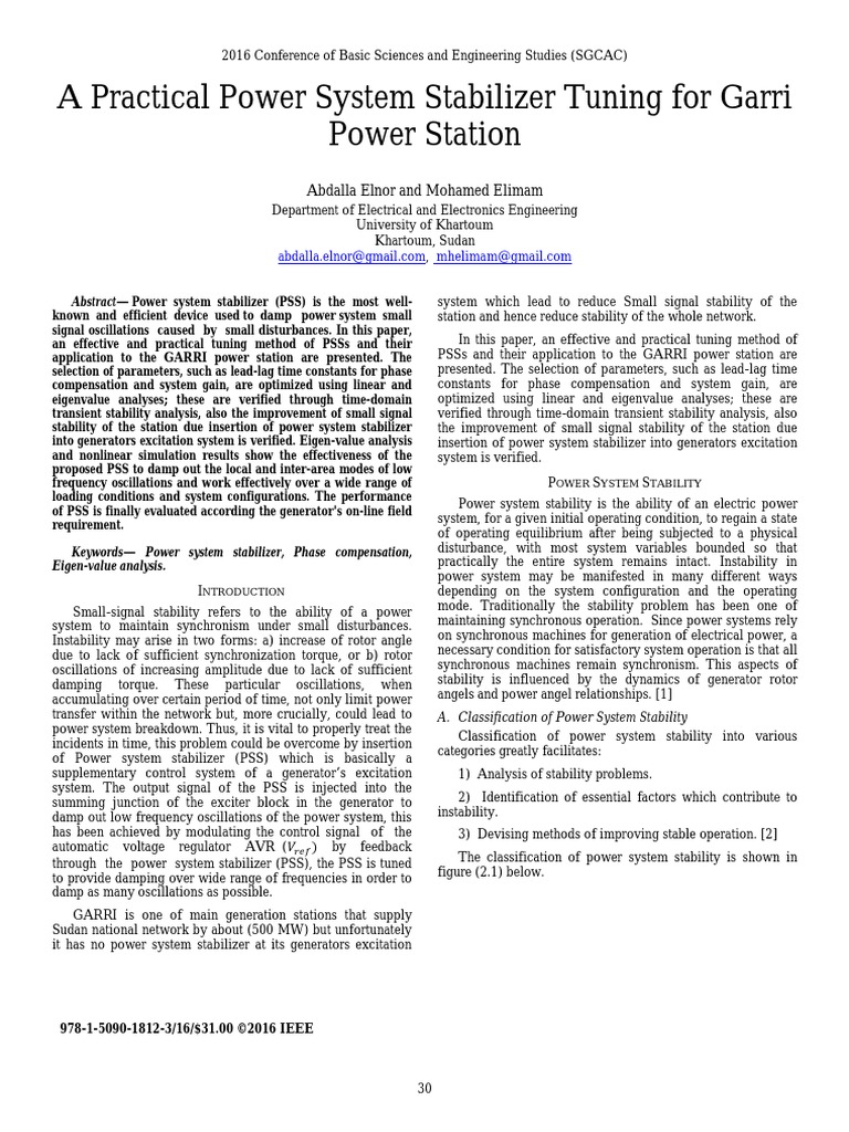 A Practical Power System Stabilizer Tuning For GARRI Power Station
