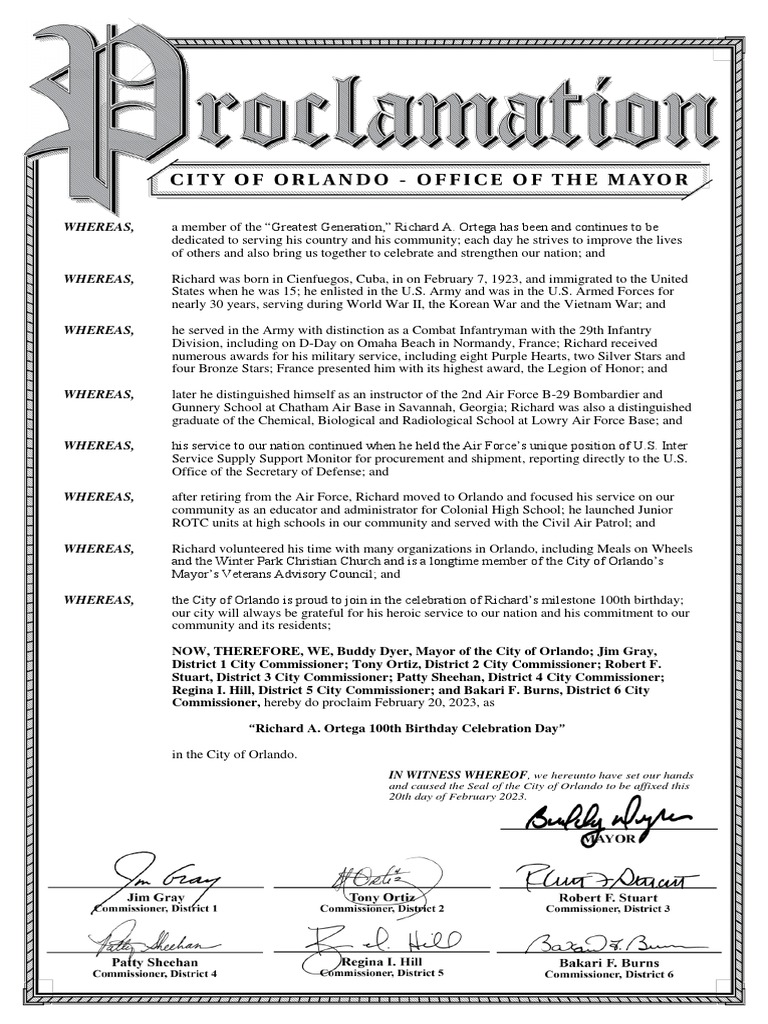 Richard Ortega 100th Birthday Proclamation-Feb 2023 | Download Free PDF ...