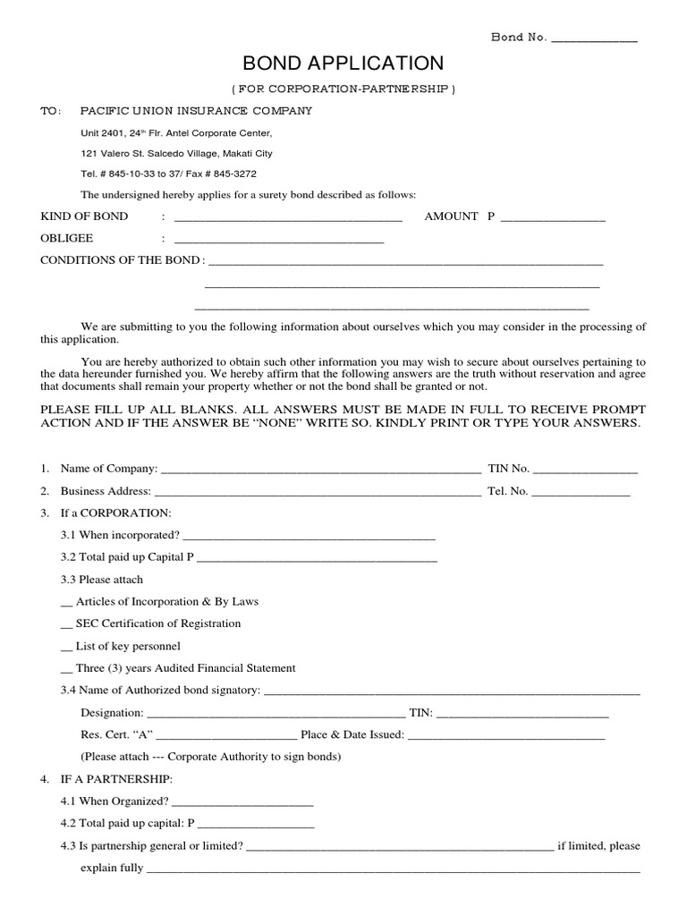 Bond ApplicationCorporation PDF Surety Employment