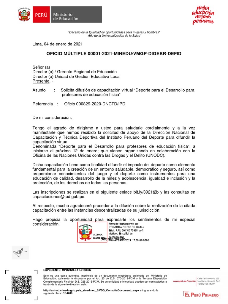 Oficio - Multiple 00001 2021 Minedu VMGP Digebr Defid | PDF