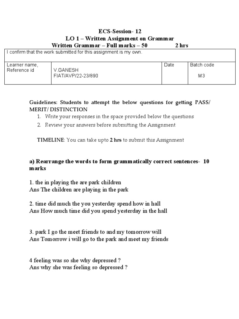 Grammar Assignment: Sentence Framing | PDF | Language Arts & Discipline