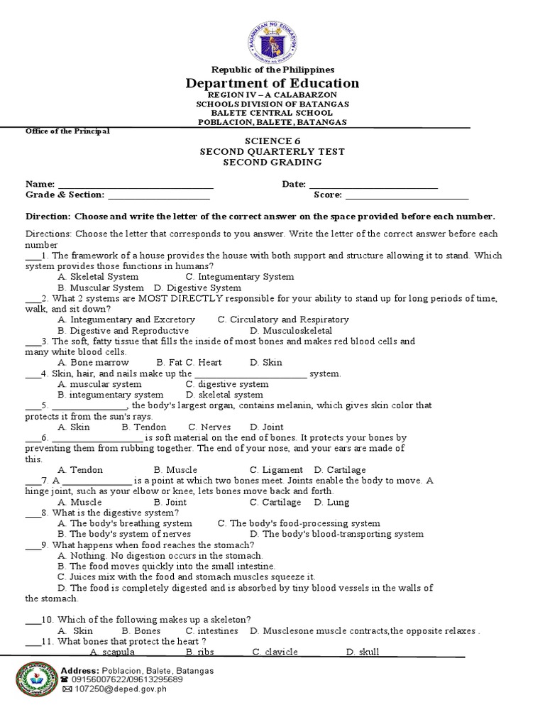 Science 6 Quarterly Test on Body Systems | PDF | Skeletal Muscle | Skeleton