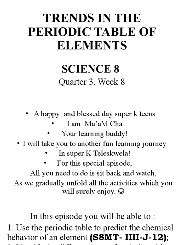 Science 8, Quarter 3, Week 8 Download Free PDF Periodic Table Metals